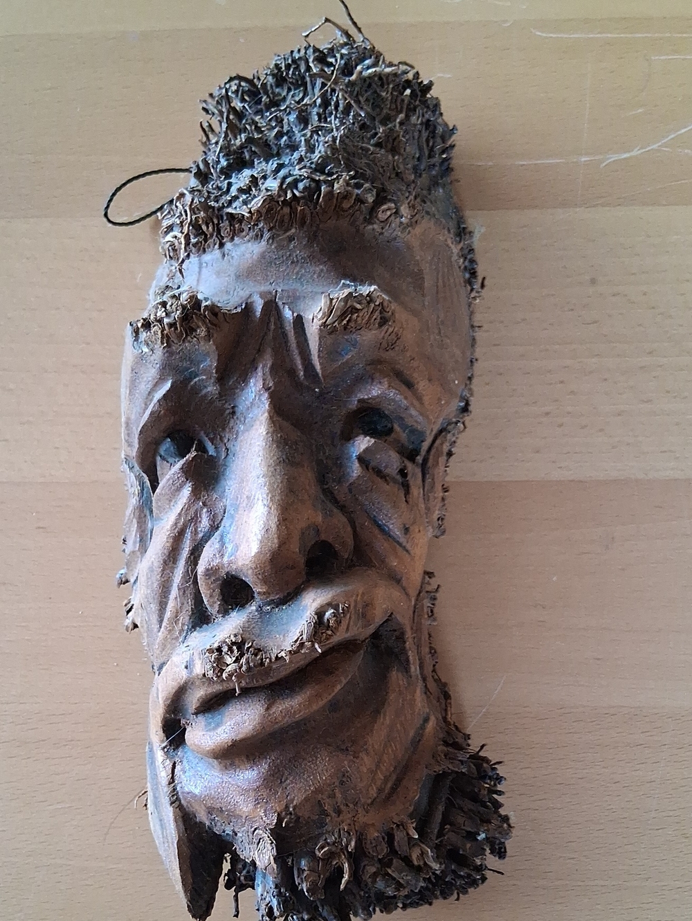Handcrafted Brown Wood Mask Sculpture - Natural Wood Finish